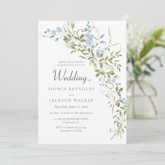 Spring Wildflowers Blauw Groen Huwelijk Kaart (Staand voorkant)