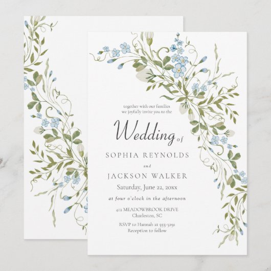 Spring Wildflowers Blauw Groen Huwelijk Kaart (Voorkant / Achterkant)