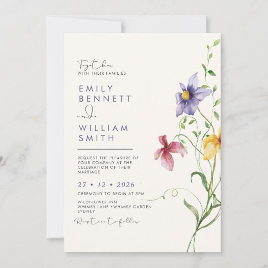 Spring Wildflowers Modern Boho Rustiek Huwelijk Kaart (Voorkant)