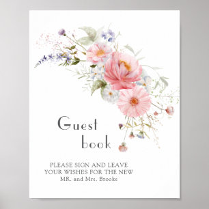 Spring Wildflowers Roze Wit Huwelijk Gastboek Poster