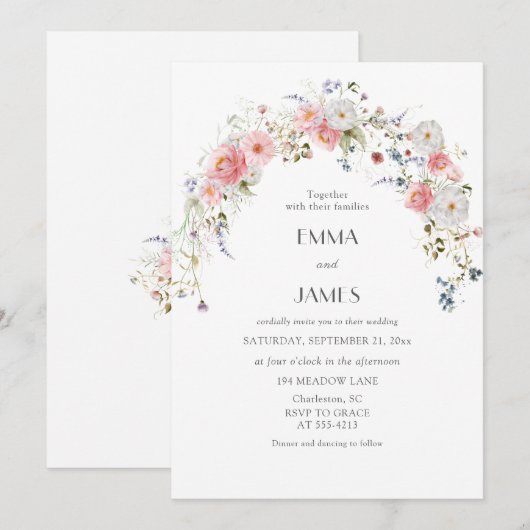 Spring Wildflowers Roze Wit Huwelijk Kaart (Voorkant / Achterkant)