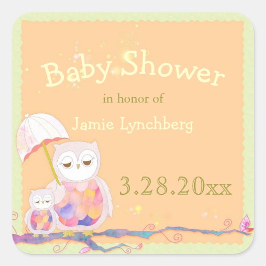 Spring Woodland Owls Baby shower Vierkante Sticker (Voorkant)