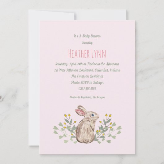 Spring Woodland Rabbit Baby Girl Shower Kaart (Voorkant)