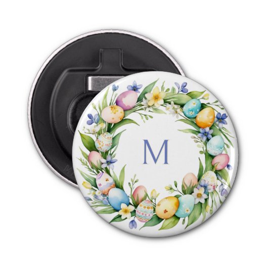 Spring Wreath Pastel grillige eieren Pasen Button Flesopener (Voorkant)