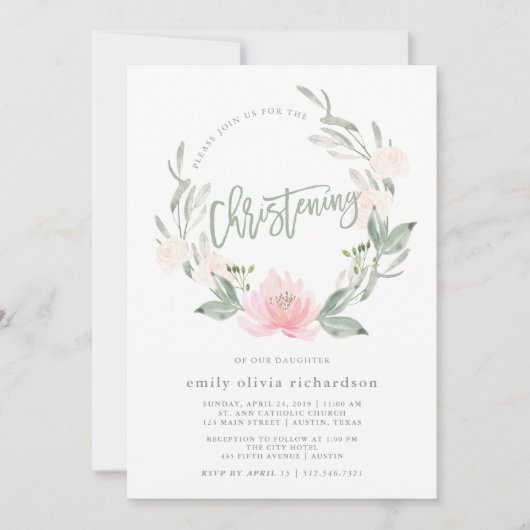 Spring Wreath | Waterverf Floral Christening Kaart (Voorkant)