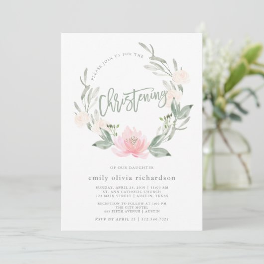 Spring Wreath | Waterverf Floral Christening Kaart (Staand voorkant)