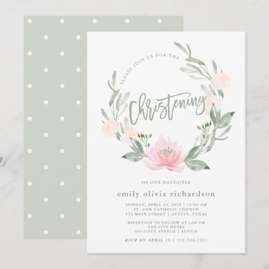 Spring Wreath | Waterverf Floral Christening Kaart (Voorkant / Achterkant)