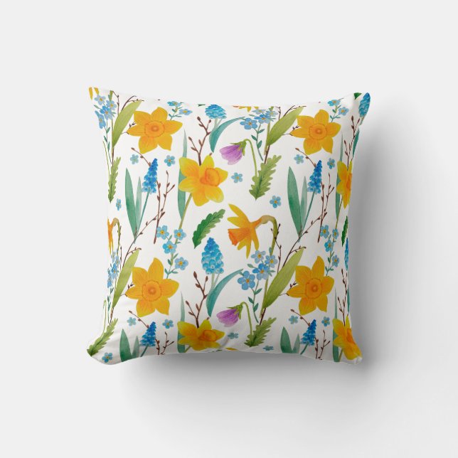 Spring Yellow Daffodil bloem blauw Decoratief Kussen (Voorkant)