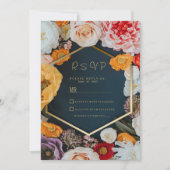 Spring yellow pink navy blue gold floral RSVP Kaart (Voorkant)