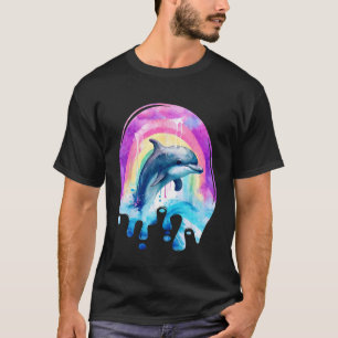 springen dolfijn druppelen verf kleurrijke kunst t-shirt