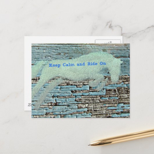 Springend Paard Mixed Media Blauw Briefkaart (Voorkant / Achterkant in situ)