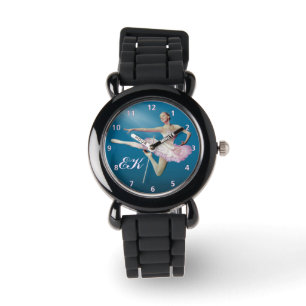 Springende Ballerina op Blauw, Monogram Horloge