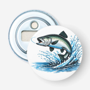 Springende Zalm Spat Geschenk voor Visser Kunst Button Flesopener