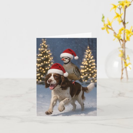 Springer Spaniel and Partridge Christmas card Kaart (Gele Bloem)