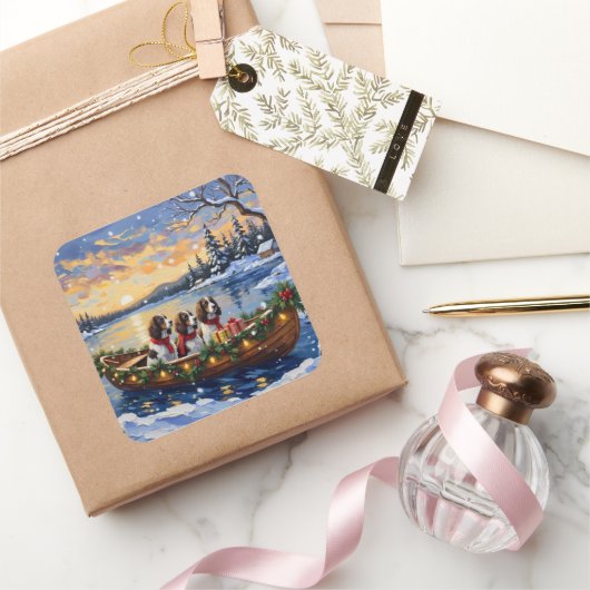 Springer Spaniel Christmas Boat Holiday Vierkante Sticker (Geschenken)