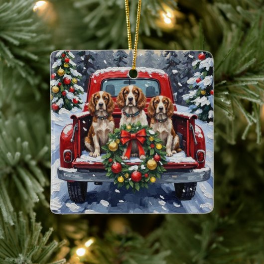 Springer Spaniel Christmas Red Truck Holiday Keramisch Ornament (Boom)