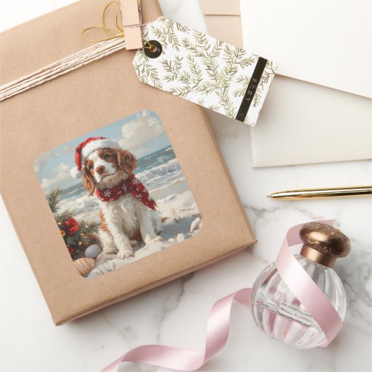 Springer Spaniel Dog Christmas  Beach Vierkante Sticker (Geschenken)