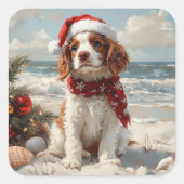 Springer Spaniel Dog Christmas  Beach Vierkante Sticker (Voorkant)