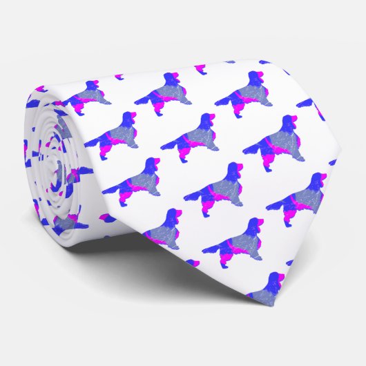 Springer Spaniel Dog Roze & Blauw Schattige Witte Stropdas (Opgerold)