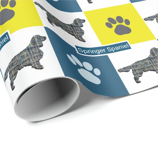 Springer Spaniel Dog Silhouette & Paw Y&B Grid Cadeaupapier (Rol Hoek)