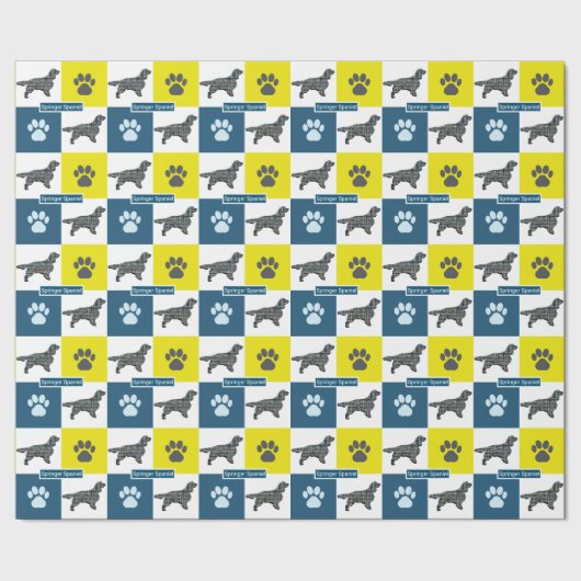 Springer Spaniel Dog Silhouette & Paw Y&B Grid Cadeaupapier (Zoom)
