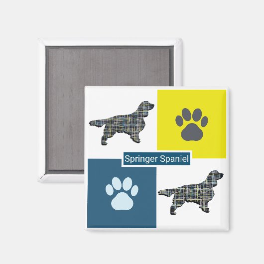 Springer Spaniel Dog Silhouette & Paw Y&B Grid Magneet (Voorkant / Achterkant)
