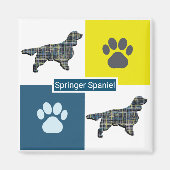 Springer Spaniel Dog Silhouette & Paw Y&B Grid Magneet (Voorkant)