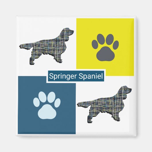 Springer Spaniel Dog Silhouette & Paw Y&B Grid Magneet (Voorkant)