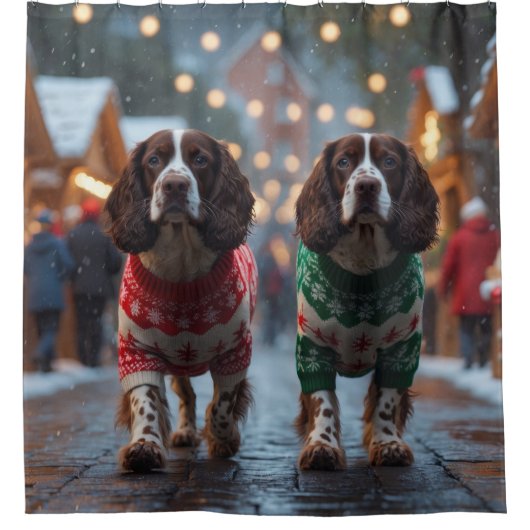 Springer Spaniel Dogs Christmas Snow Holiday Douchegordijn (Voorkant)