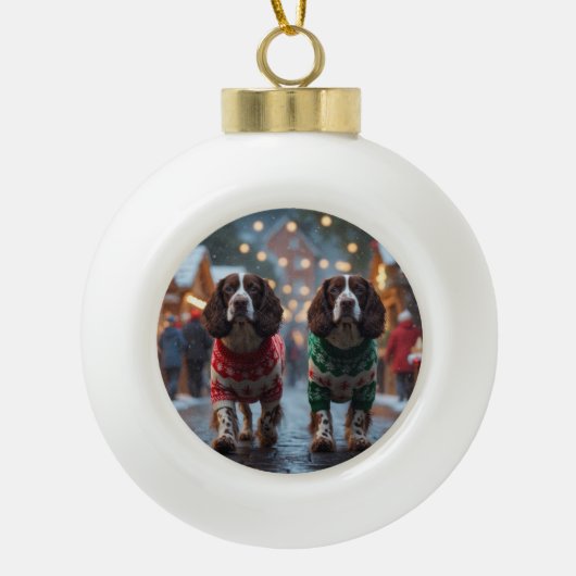 Springer Spaniel Dogs Christmas Snow Holiday Keramische Bal Ornament (Voorkant)
