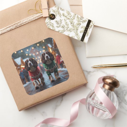 Springer Spaniel Dogs Christmas Snow Holiday Vierkante Sticker (Geschenken)