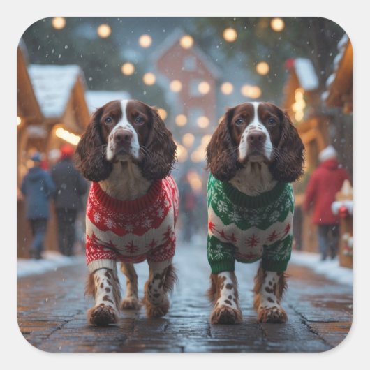 Springer Spaniel Dogs Christmas Snow Holiday Vierkante Sticker (Voorkant)