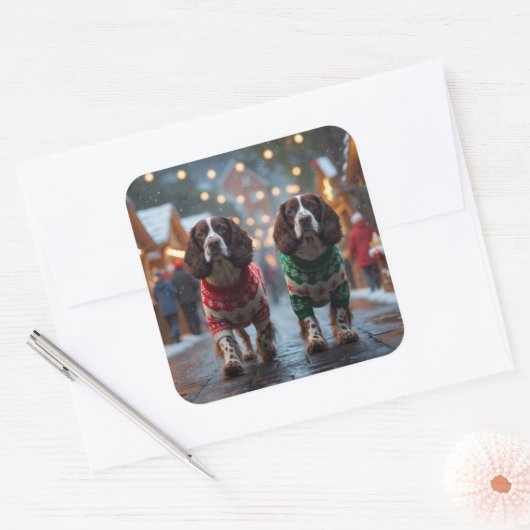 Springer Spaniel Dogs Christmas Snow Holiday Vierkante Sticker (Envelop)