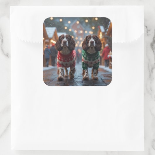 Springer Spaniel Dogs Christmas Snow Holiday Vierkante Sticker (Tas)