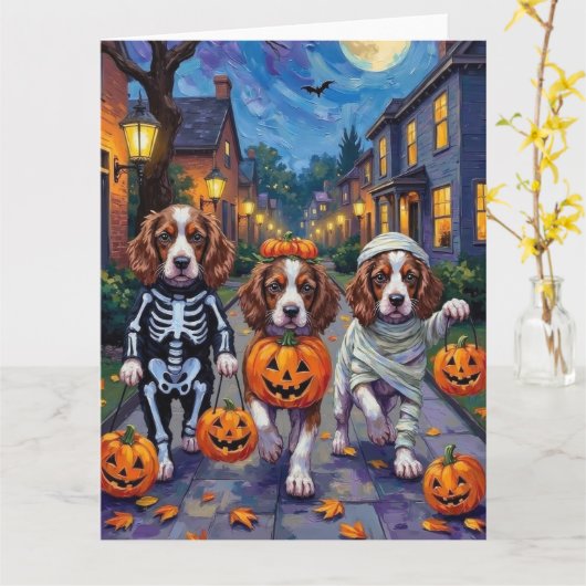 Springer Spaniel Dogs In Halloween Costumes Kaart (Gele Bloem)