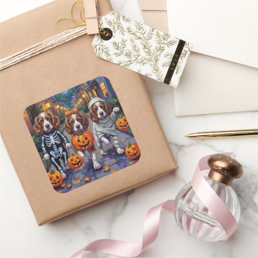 Springer Spaniel Dogs In Halloween Costumes Vierkante Sticker (Geschenken)