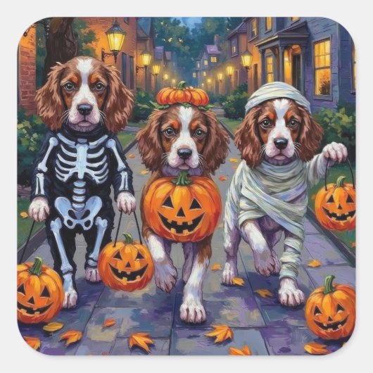 Springer Spaniel Dogs In Halloween Costumes Vierkante Sticker (Voorkant)