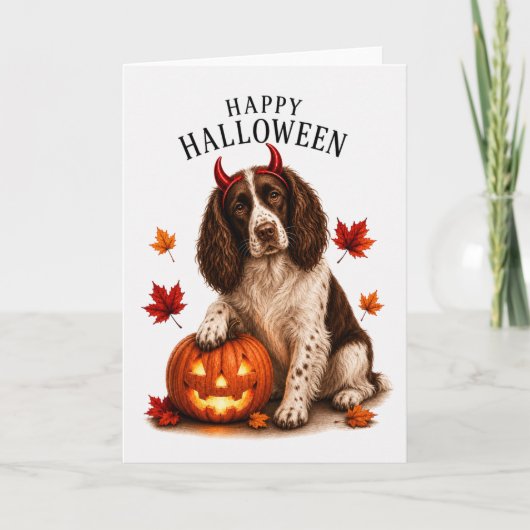 Springer Spaniel Halloween Duivel Hond Kaart (Voorkant)