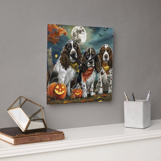 Springer Spaniel Halloween Spooky Vierkante Klok (Kantoor)