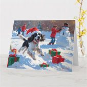 Springer Spaniel Hardloopsneeuw met kerst Pet Kaart (Gele Bloem)