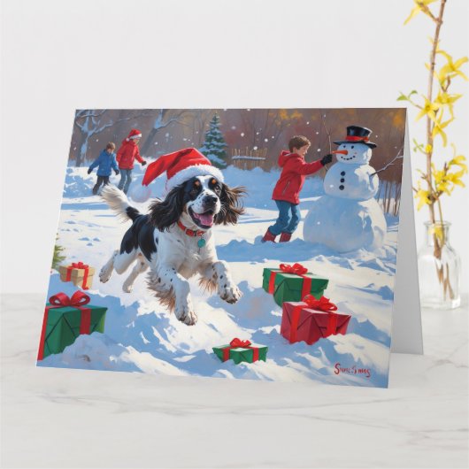 Springer Spaniel Hardloopsneeuw met kerst Pet Kaart (Gele Bloem)