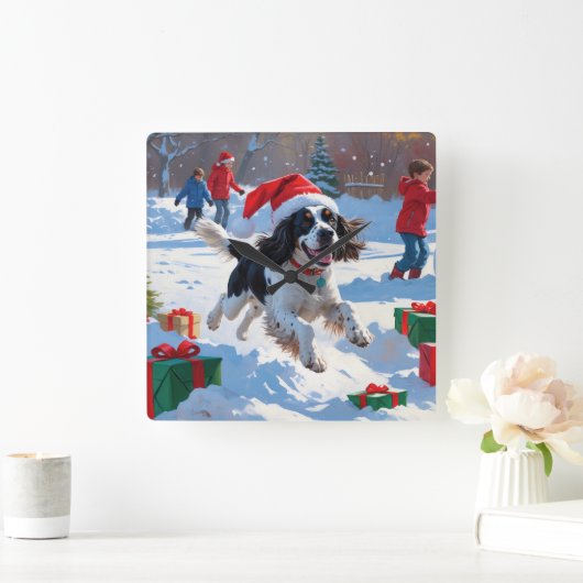 Springer Spaniel Hardloopsneeuw met kerst Pet Vierkante Klok (Huis)