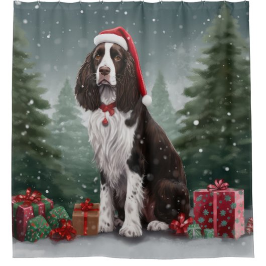 Springer Spaniël Hond in Sneeuw Kerstmis Douchegordijn (Voorkant)