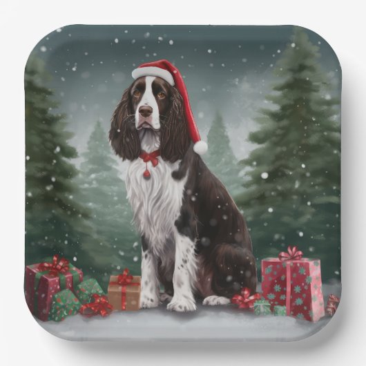 Springer Spaniël Hond in Sneeuw Kerstmis Papieren Bordje (Voorkant)