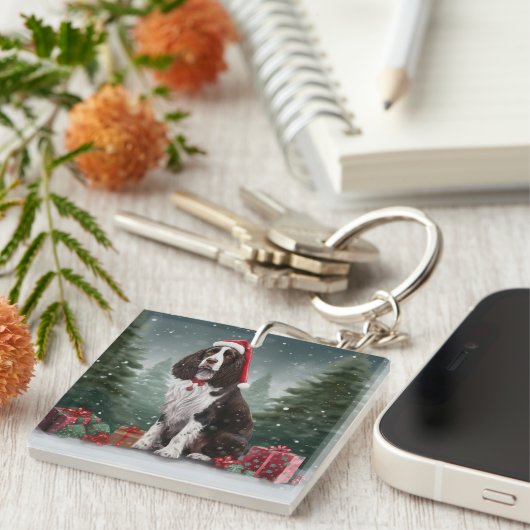 Springer Spaniël Hond in Sneeuw Kerstmis Sleutelhanger (Voorkant Rechts)