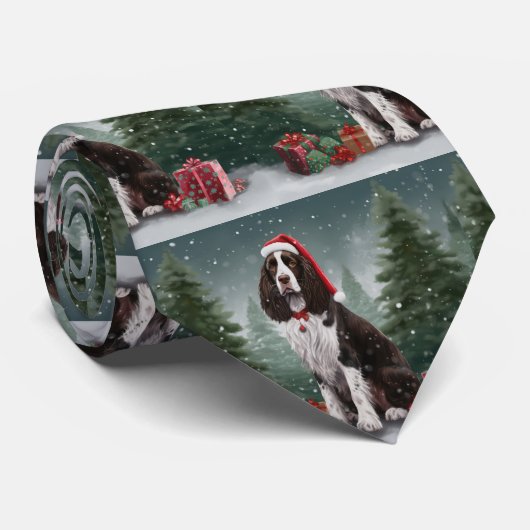 Springer Spaniël Hond in Sneeuw Kerstmis Stropdas (Opgerold)