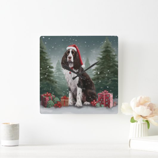 Springer Spaniël Hond in Sneeuw Kerstmis Vierkante Klok (Huis)