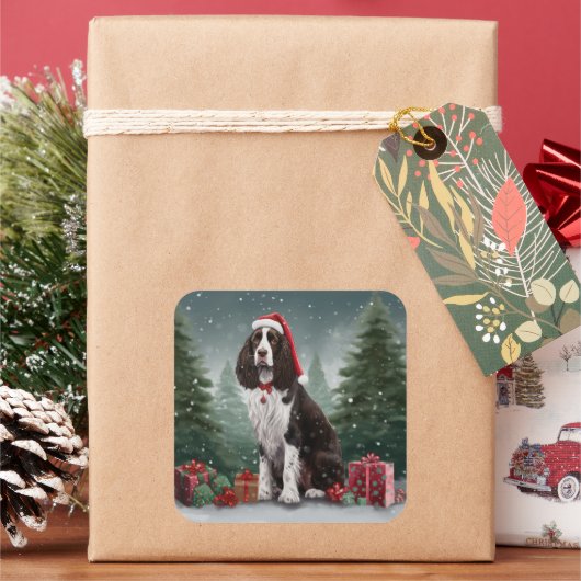 Springer Spaniel hond in sneeuw Kerstmis Vierkante Sticker (Feestdagen)