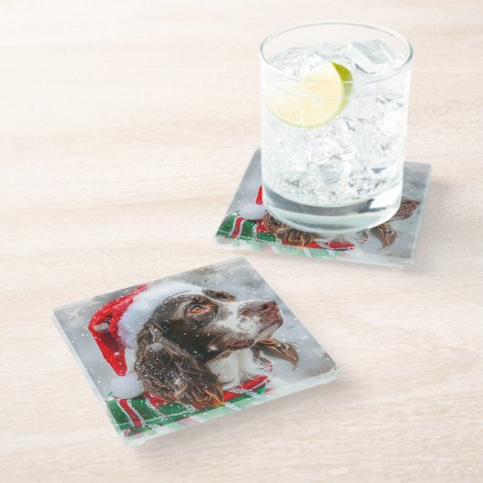 Springer Spaniel Hond Kerstfeest Glazen Onderzetter (Schuin)
