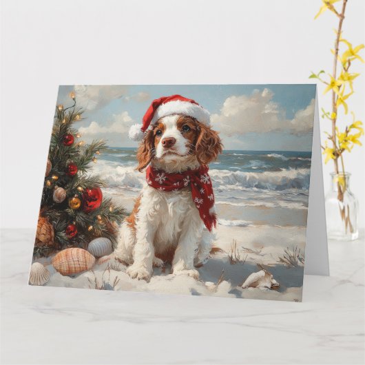 Springer Spaniel Hond Kerstmis Vintage Strand Kaart (Gele Bloem)